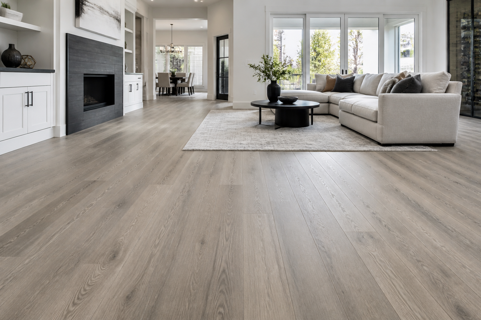Modern gray wide-plank hardwood floor Modern gray wide-plank hardwood floor in a bright contemporary living room